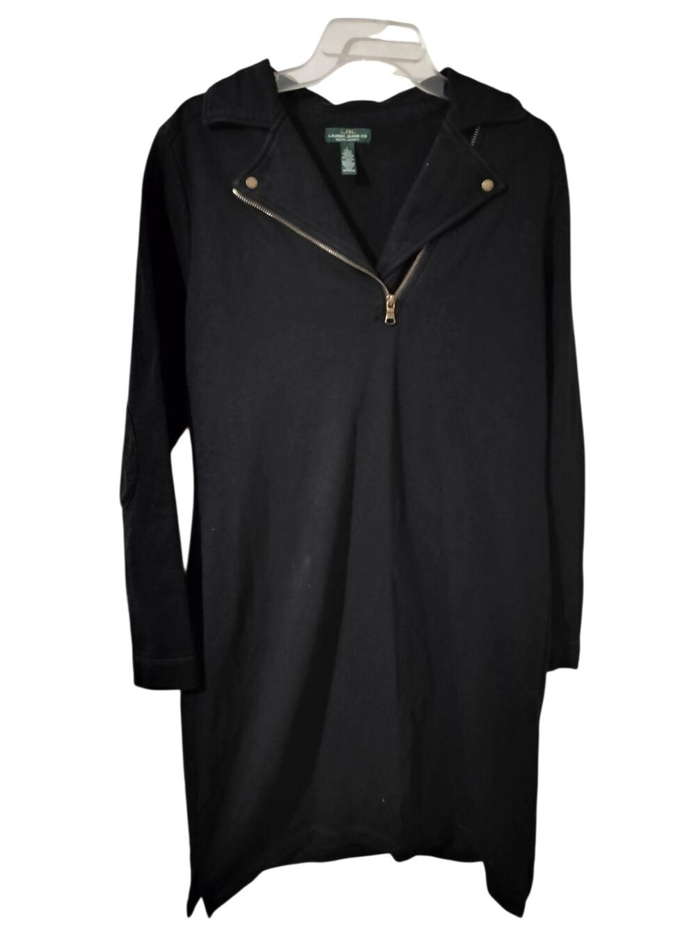 6073)LRL Lauren Jeans Co Black Asymmetrical Zip Knit Moto Elbow Patch Dress L